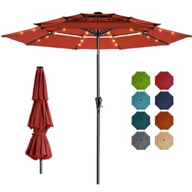 HOMSHADE 9FT 3-Tier Solar Patio Umbrella Heavy Duty,Vented Market Table Umbrella Windproof w/32 LED Lights,UPF50+,3-year Fade Resistant,8 Thicker Ribs for Pool,Lawn,Garden,Deck (Red,No Base)
