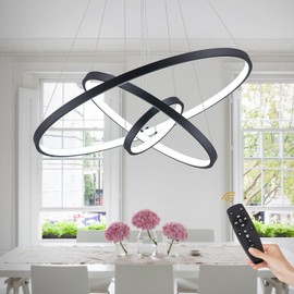 AIRYPHANT Modern LED Chandelier 3 Rings Black Chandelier Dimmable LED Pendant Light Fixture Remote Control Contemporary Flush Mount Chandelier for Dining Room Bedroom Foyer, 3000-6500K