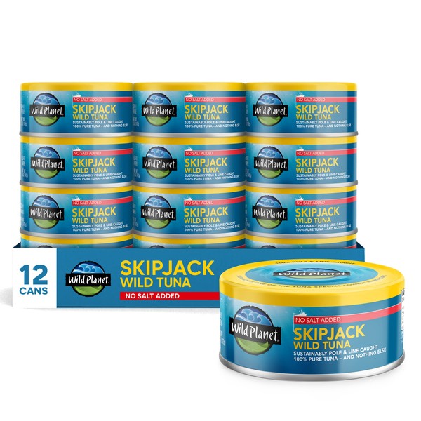 Wild Planet Skipjack Wild Tuna, No Salt Added, Canned Tuna, Sustainably Wild-Caught, Pole & Line, Non-GMO, Kosher, 5 Ounce (Pack of 12)