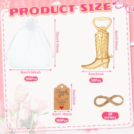 Meanplan 251 Pcs Cowboy Boot Bottle Opener Set Cowgirl Western Derby Wedding Party Favor Includes Cowboy Beer Bottle Opener Organza Bag Thank You Tag and Jute Rope for Guest Wedding Party Baby Shower