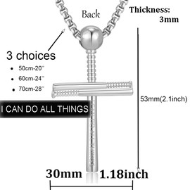 Cross Necklace for men by Pendant Baseball and Baseball Bat Sports Stainless Steel Cross Necklace Athletes men boys gift,Silver 28 inches