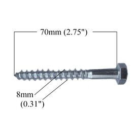 Coach Wood Screws Hex Head Width 13mm Zinc Plated Steel Screw Hexagon Lag Bolts Silver Long M8 (2.75" x 0.31") 8mm x 70mm Box of 8 pcs