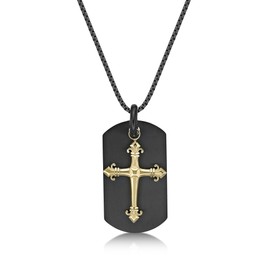 Metro Jewelry Dog Tag and Fleur De Lis Cross Pendant Necklace for Men in Stainless Steel with Black and Gold Ion Plating - 24 Inches Long Box Chain - Lobster Claw Clasp