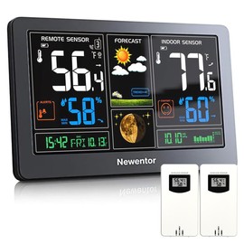 Newentor Weather Station Wireless Indoor Outdoor Thermometer, Color Display Digital Weather Thermometer with Atomic Clock, Barometric Pressure, Forecast Station with Adjustable Backlight, Black - Color: Black with 2 sensor