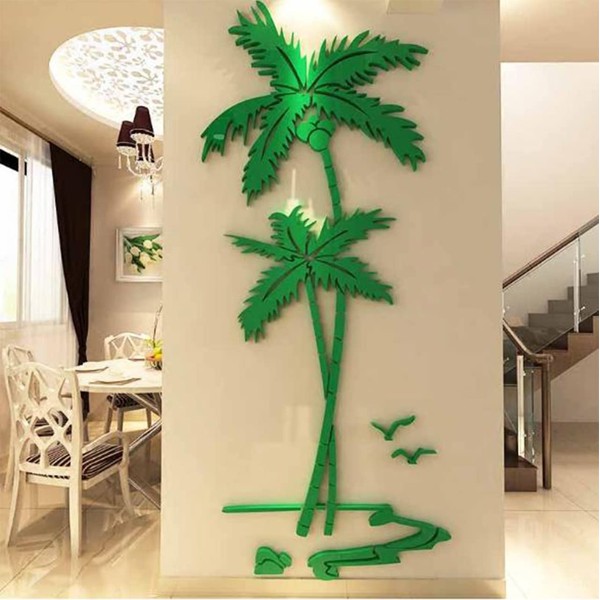 umely Wall Stickers Summer Palm Tree Tropical Stickers 3D Renewal Beach Wallpaper DIY Green Brown (Green Right 35.4 x 15.7 inches)