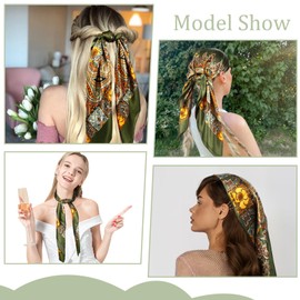 Yuanchu 35 Inch Large Square Satin Headscarf, Silk Headscarf for Women, 90 x 90 cm, Silk Scarf, Elegant Square Scarves, Personalise Bandanas, Hair Scarf, Hair Accessories, Army Green