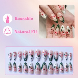Press on Nails Short Christmas Red,Simple Christmas French Tips False Nails Glue on Nails, Oval Square Acrylic Full Cover Autumn Winter Stick on Nails for Women Girls Manicure Decoration,Green