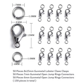 AD Beads 50 Pieces Lobster Claws Clasps Plus 100 Pieces 7mm Open Jump Rings Suitable for Necklace Bracelets Jewelry (8x15mm, Gunmetal)