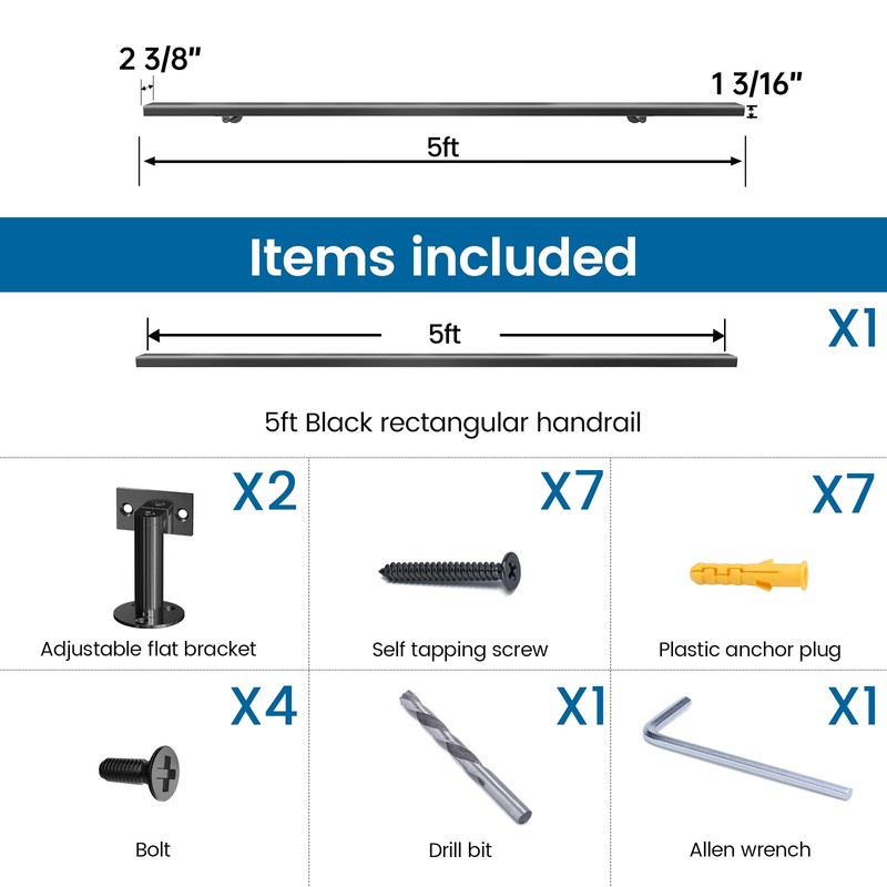 Muzata 5Ft Pre-drilled Stair Handrail 1"x2" Rectangular Black Finish Wall