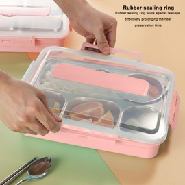 gernie Feminine Practical Stainless Steel Lunch Box, 5 Compartments with Lid, Chopsticks, Spoon, Soup Bowl, Reusable Lunch Container, Portion Control Divided Dinner Tray for School, Office