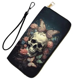 DHEEBFWE RFID Blocking Wristlet Wallet for Women & Teen Girls-Large Capacity Leather Phone Clutch with Removable Strap,Travel Purse & Credit Card Holder,Butterfly Skull Flower