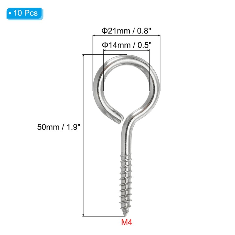 PATIKIL 10pcs M4x50mm Eye Screw 304 Stainless Steel Eye Screw