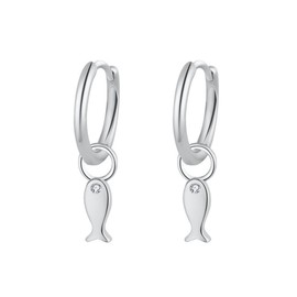 Cute Fish CZ Cartilage Small Huggie Hoop Dangle Drop Earrings for Girls Women Minimalist S925 Sterling Silver Post Animal Charm Cuff Sleeper Little Hoops Dainty Hypoallergenic Jewelry Valentines Day