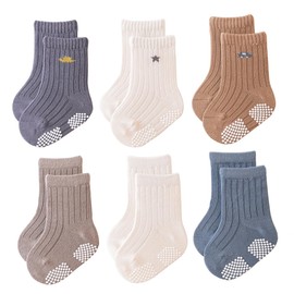 Belsmi Baby Socks Non Slip Grips Ankle Crew Girls Boys Infant Newborn Toddler Kids Casual Anti Skid Socks 6 Pack (US, Age, 2 Years, 3 Years, Boy 6 Pairs)