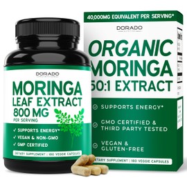 Organic Moringa Capsules 40,000mg (3 Month Supply) Pure Organic Moringa Leaf Powder Supplement - Energy, Skin, Gut Health Support - Vegan Safe, Third Party Tested & Non GMO - USA Made - (180 Capsules)