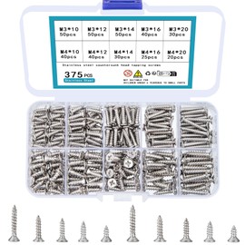 TOOINKCV 375 Pieces M3 M4 Self-Tapping Screw Assortment, Flat Head Phillips Screws Set, Phillips Flat Head Tapping Screws Kit for Plastic Wood Soft Metal