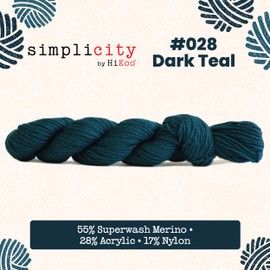 HiKoo Simplicity DK Soft Yarn Hank for Knitting, Crocheting, and Crafts, Superwash Merino Wool, Acrylic, and Nylon, 117 Yards, #028 - Dark Teal