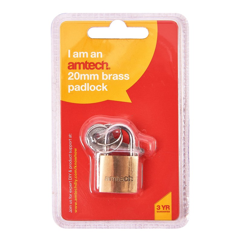 Amtech T0800C 20mm Solid Brass Padlock, Small Padlock with Keys