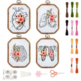 ORIGACH 4 Set Embroidery Kit for Beginners Adults, DIY Human Organ with Flowers Embroidery Starter Kit with Stamped Patterns Instructions Embroidery Hoop Needles Threads for Crafting