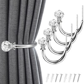 IAGORYUE 4 Pieces Curtain Holdbacks U Form Wall Mounted Curtain Tie Backs Hook Decorative Metal TieBacks with Crystal Ball Curtains Holder Holdbacks for Window Shower Drapery Voile Towel Coat (Silver)