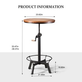 BOKKOLIK Industrial Bar Table 33.47-39.37inch Height Adjustable Swivel Wooden Top Vintage Breakfast Dining Table Farmhouse Cocktail Bistro Pub Table
