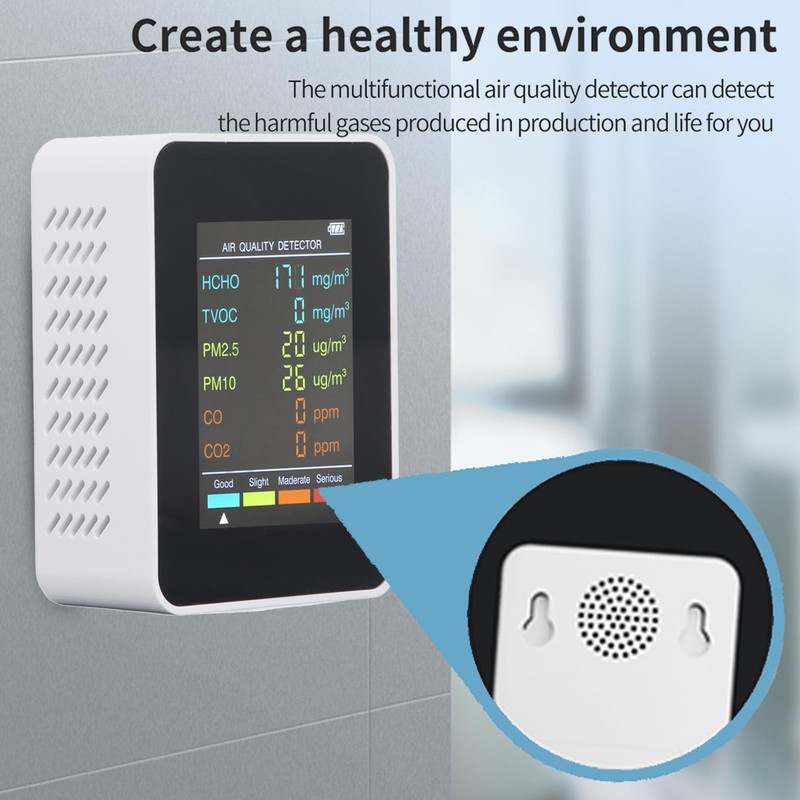 CO2 Detector, CO2-TVOC-HCHO-PM2.5-PM10 Sensor Meter with Backlit LCD Screen, Temperature