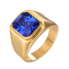 PMTIER Men's Stainless Steel Gold Plated Ring with Square Blue Gem Stone Size 11