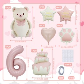 Panouo 8-Pack Matte Bear Party Balloons, Pink Foil Balloons, 6-Year-Old Girl Birthday Party Decorations, Bear Theme Party Decorations(6)