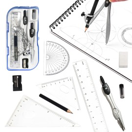 Geometry Math Kit Set Compass and Protractor Set School Drawing Supplies Kit with Triangles Ruler Eraser Lead Refill, 1x10 Pcs