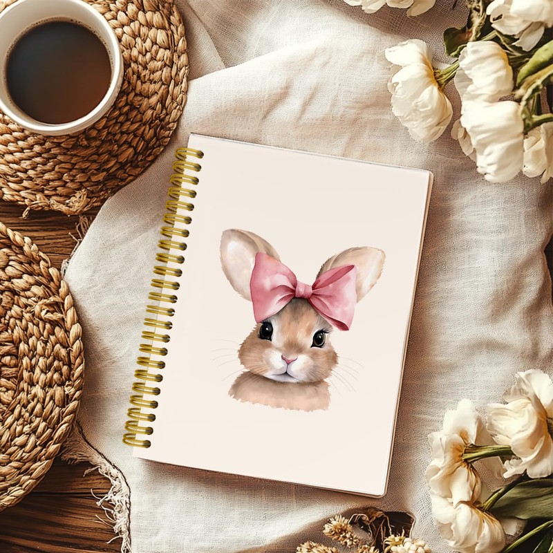 THDSE Coquette Pink Bows Bunny Notebook, Easter Rabbit Animal Spiral