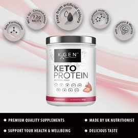 K-GEN™ Keto Collagen Protein Powder Blend of Natural Multi Collagen Strawberry Powder, Coconut MCT, Vitamin C+B6 with Stevia | UK Made for Keto, Paleo & Primal | Free-from: Sugar, Whey & Gluten