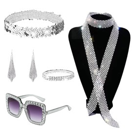 ATSNOSH Glitter Disco Accessories, 70s Fancy Dress Accessories for Women, Sequin Scarf Earrings, Sunglasses, Bracelet, Headband, Disco Costume Set, for Theme Party, Carnival (Pack of 5)