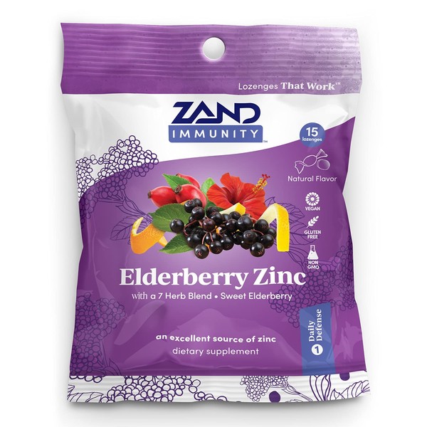 Zand HerbaLozenge Elderberry Zinc | Good-For-You Lozenges for Dry Throats | No Corn Syrup, No Cane Sugar, No Colors | 1 Bag, 15 Lozenges