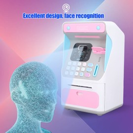 POCREATION Alcancía Electrónica, Cajero Automático para Niños, Banco de Dinero de Ahorro, Gran Capacidad, Contraseña Segura, Reconocimiento Facial, Máquina de Banco de Dinero para Niños, Niñas