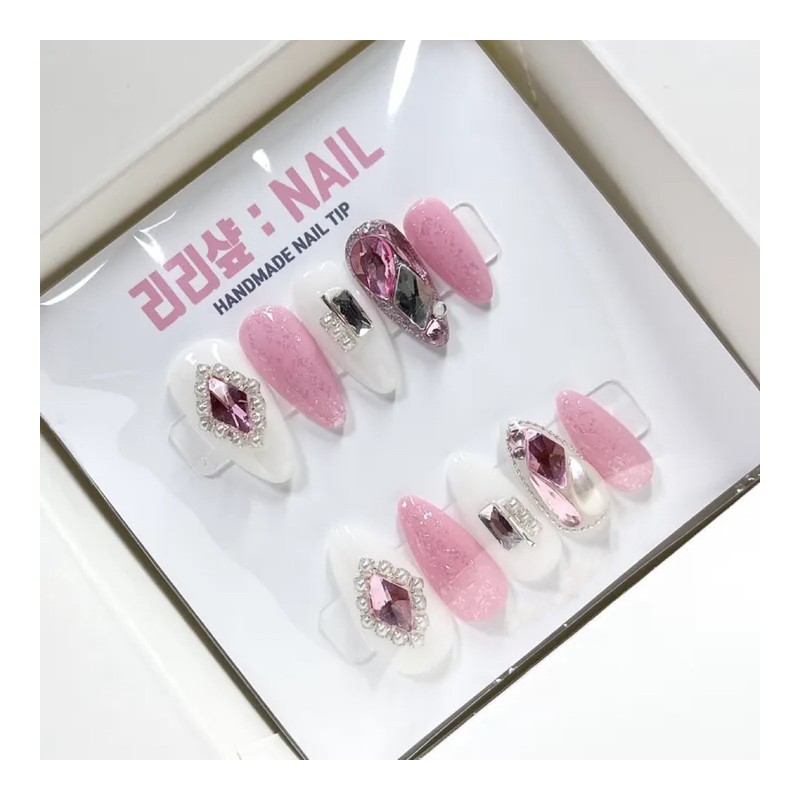 Pink diamond pearl full stone handmade nail tip - basic