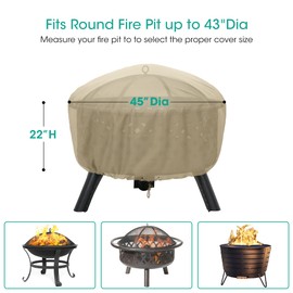SunPatio Fire Pit Cover, Heavy Duty Waterproof Round Patio Fire Table Bowl Cover with Adjustable Drawstring, Round 45" D x 22" H, Beige