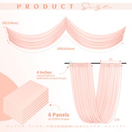 6 Panels Blush Pink Ceiling Drapes for Wedding Ceiling Drapes 5ftx20ft Wedding Arch Draping Fabric Sheer Curtains Voile Chiffon Drapery Draping Wedding Ceiling Decorations for Party Ceremony Stage