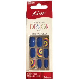 Kiss FASHION DESIGN 24 Nail Medium Length Squoval Tie-Dye Shiny Blue+ Multicolor