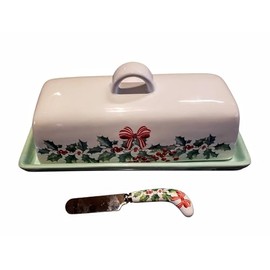 HarvestGreenStudio Christmas Holly Ceramic Butter Dish with Lid and Knife Large Butter Keeper for Counter, Kitchen, Dishwasher Safe 9 x 4 x 3 inches