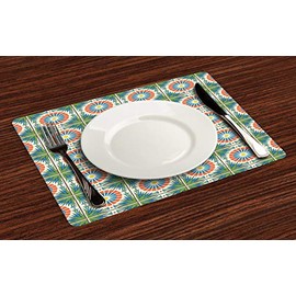 Ambesonne Abstract Place Mats Set of 4, Traditional Mosaic Tiles Inspired Style Round Flowers Illustration Print, Washable Fabric Placemats for Dining Table, Standard Size, Cream Peacock Green