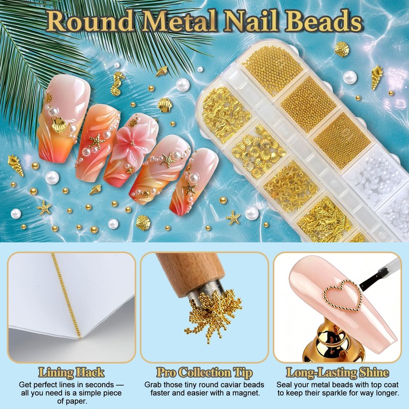 3D Beach Nail Charms Golden Seashell Tropical Ocean Pearls Beads
