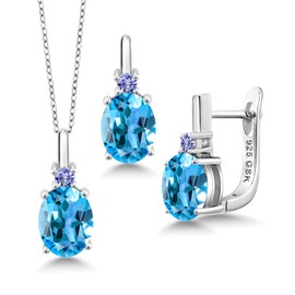 Gem Stone King 6.68 Ct Swiss Blue Topaz Blue Tanzanite 925 Sterling Silver Pendant and Earrings Jewelry Set