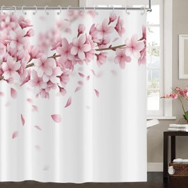 Hnmdmyi Cherry Blossom Shower Curtain 180x200, Pink Floral Shower Curtains Japanese Asian Style Sakura Art Bathroom Curtains with Hooks Waterproof Polyester Fabric Washable Bath Curtains for Wet Room