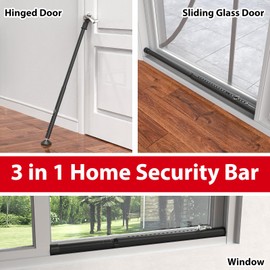 Door Stoppers Security Bar, 3-in-1 Apartment Patio Sliding Door Security Bar from Inside, Adjustable Front Door & Window Barricade Security Stick for Home Safety, Door Jammer Lock Protector, Black