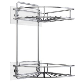GeekDigg 2 Tier Shower Caddy, Adhesive Corner Bathroom Shelf Storage, Stainless Steel Wall Mounted Organizer with Removable Basket for Kitchen, Dorm, and Toilet - No Drilling