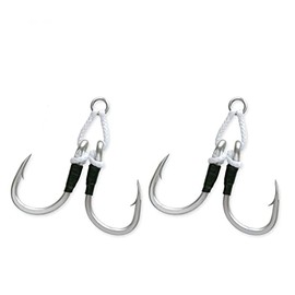 OCEAN CAT 10Pcs Fishing Assist Circle Hooks Rigged with White Kevlar Strings, High Carbon Steel Jigging Jigs for Saltwater and Freshwater (Double 9/0(6pcs/3pack, 1 inch Line)