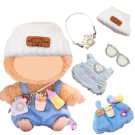 Pack of 5 Clothes for Doll, 17 cm Doll Clothes Accessories with Blue Jumpsuit, White Bear Hat, Mini Camera Backpack, Glasses Hairpin, Suitable for Boys and Girls, Gift (Without Doll)