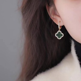 Boho Four Leaf Clover Earrings Black Clover Earrings Crystal Clover Dangle Earrings CZ Huggie Hoop Earrings Jewellery for Women and Girls Gifts, Alloy Steel