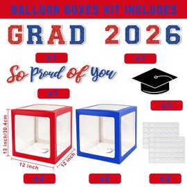 2026 Graduation Decorations, Red and Blue Graduation Decorations, Balloons Boxes (4PCS) with Letters 2026 GRAD So Proud of You, Congrats Grad Decorations for High School & College