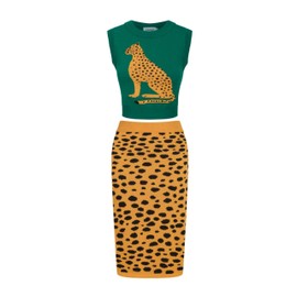 OXKNIT Women's Knitted Vest Skirt Sets, 1960s Mod Style Retro Leopard Green Tank Yellow Straight Skirt 2 Piece Sets Summer